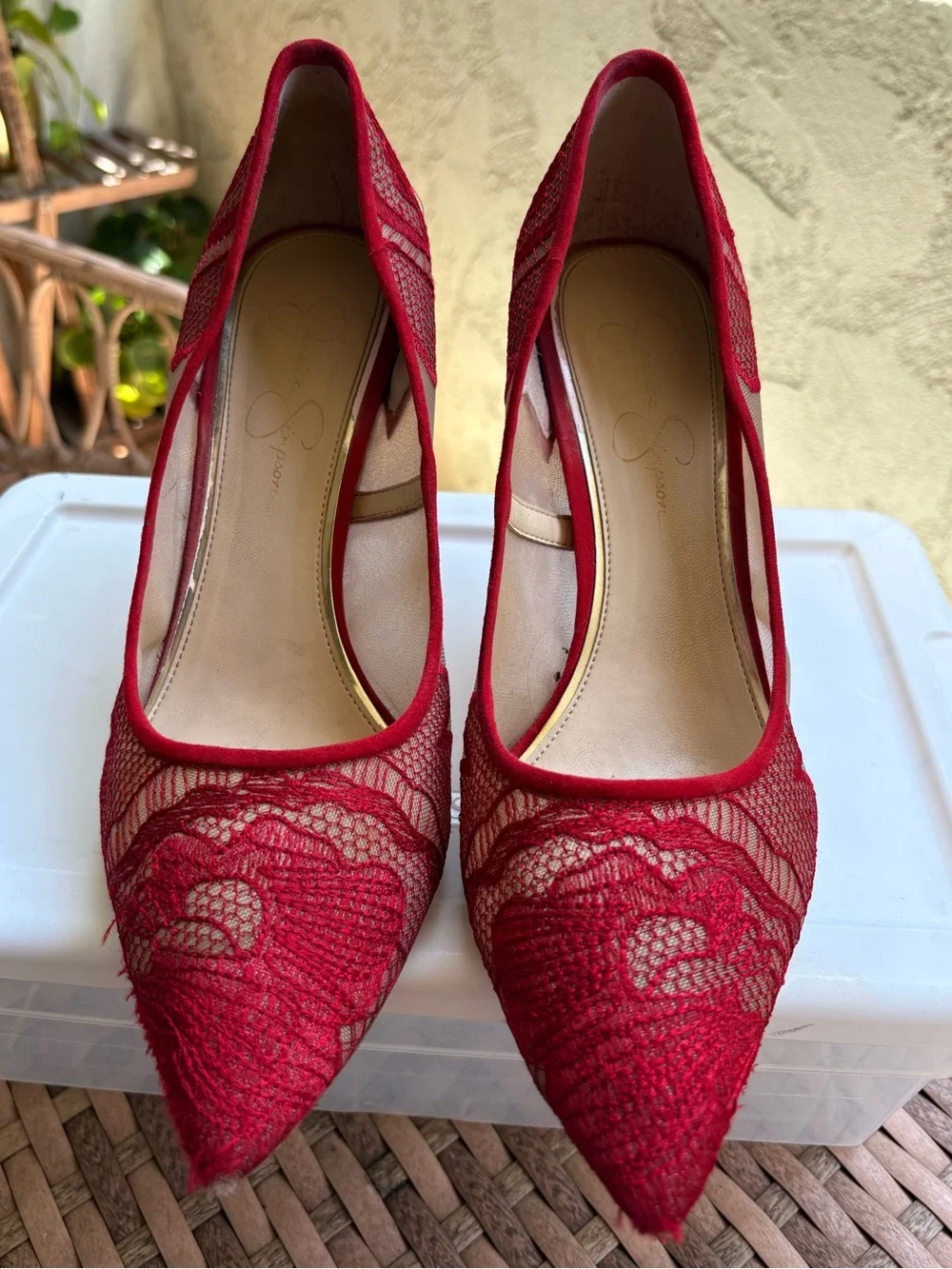 Jessica Simpson Red Lace Mesh Pointed Toe Stiletto Heels Women’s Size 10
